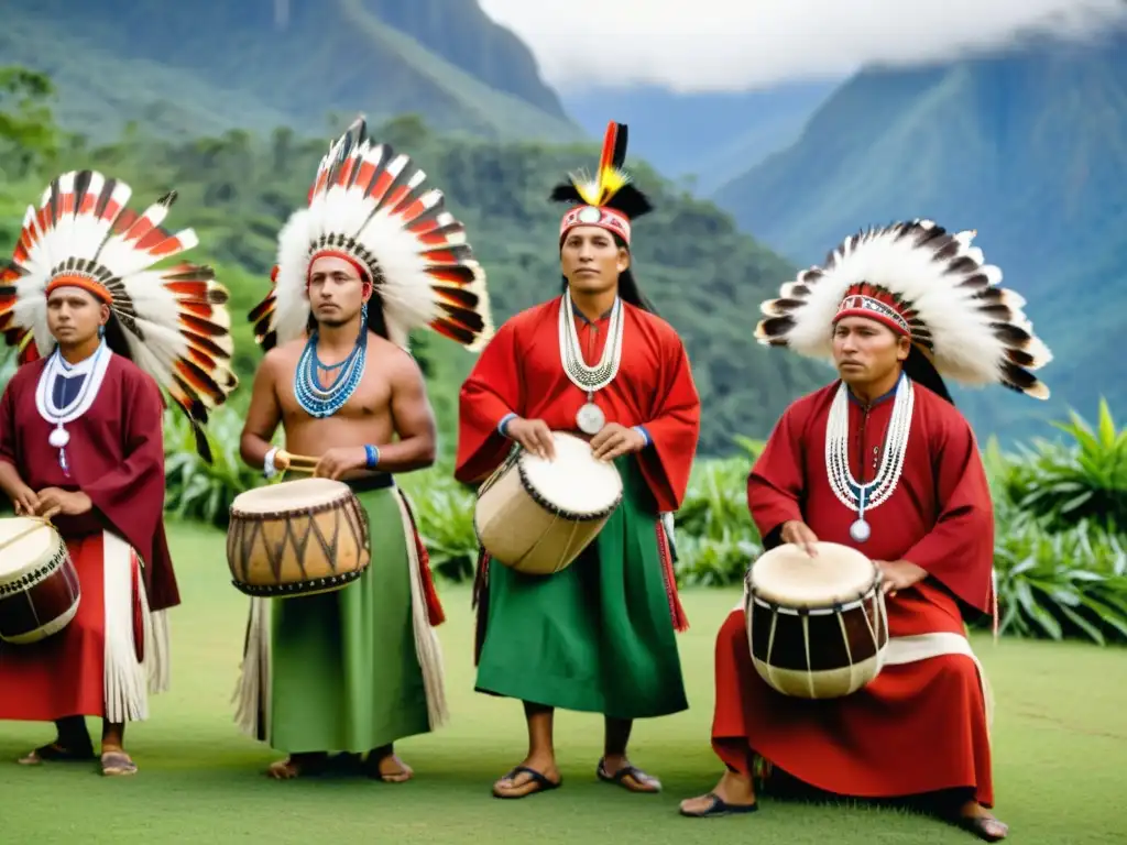 Grupo de músicos indígenas en ceremonia con instrumentos musicales en prácticas religiosas, ataviados con coloridos atuendos ceremoniales en entorno natural montañoso