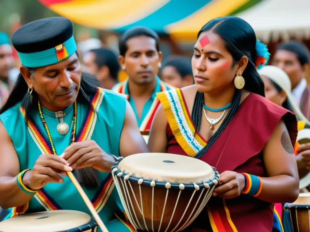 Vibrante festival con músicos indígenas tocando la Ñanga Grupo de músicos indígenas tocando la Ñanga en festival cultural, redescubrimiento percusión indígena América Sur
