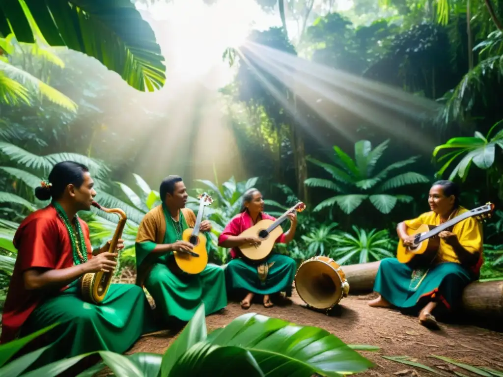 Grupo de músicos indígenas en el Festival Rainforest World Music Malasia, tocando instrumentos tradicionales bajo la exuberante selva tropical