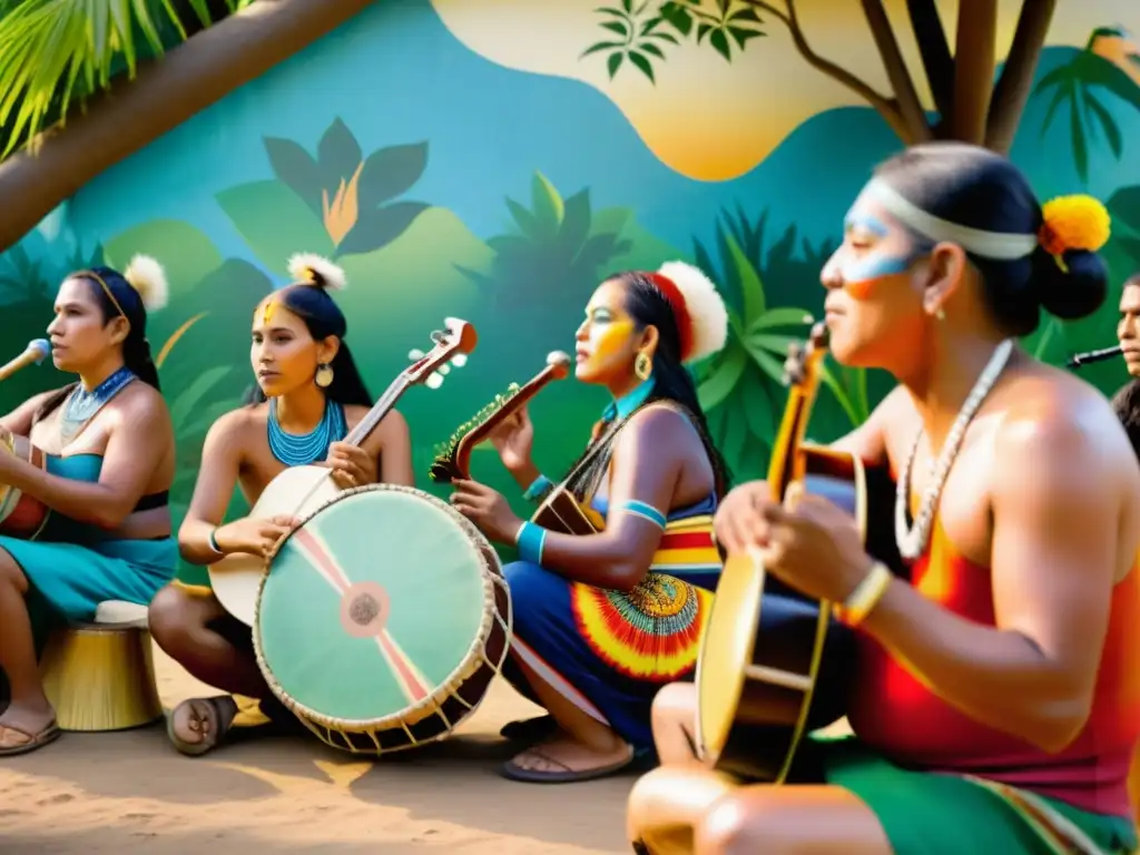 Grupo de músicos indígenas con impacto social de los instrumentos musicales, vistiendo trajes tradicionales, tocando instrumentos en festival cultural