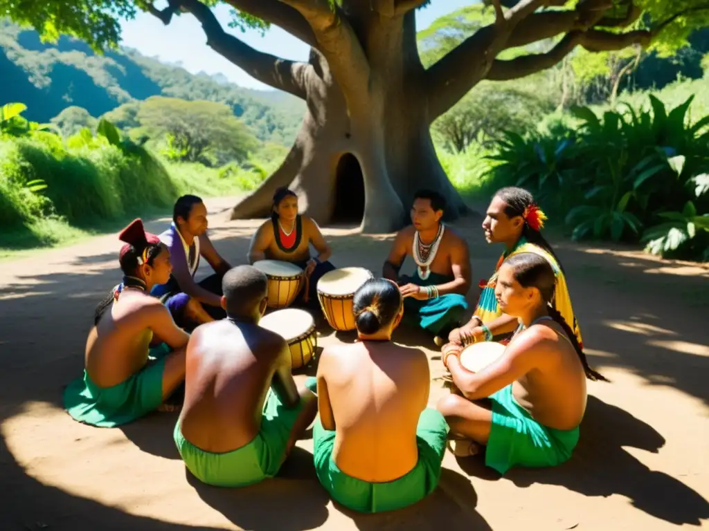 Un grupo de músicos indígenas tocando instrumentos tradicionales bajo un árbol en la selva