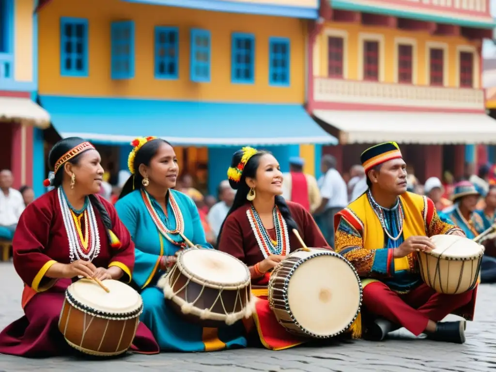 Grupo de músicos indígenas tocando instrumentos autóctonos en una plaza vibrante y colorida, capturando la esencia de la música moderna