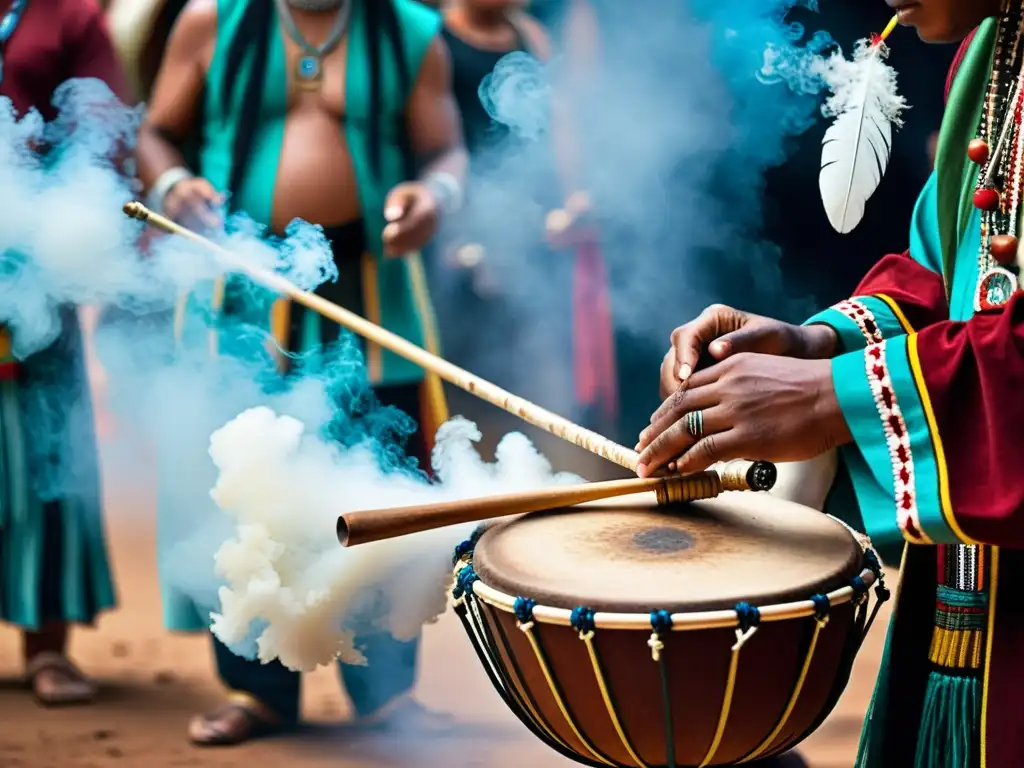 Grupo de músicos indígenas tocando instrumentos musicales en prácticas religiosas con atmósfera mística y espiritual