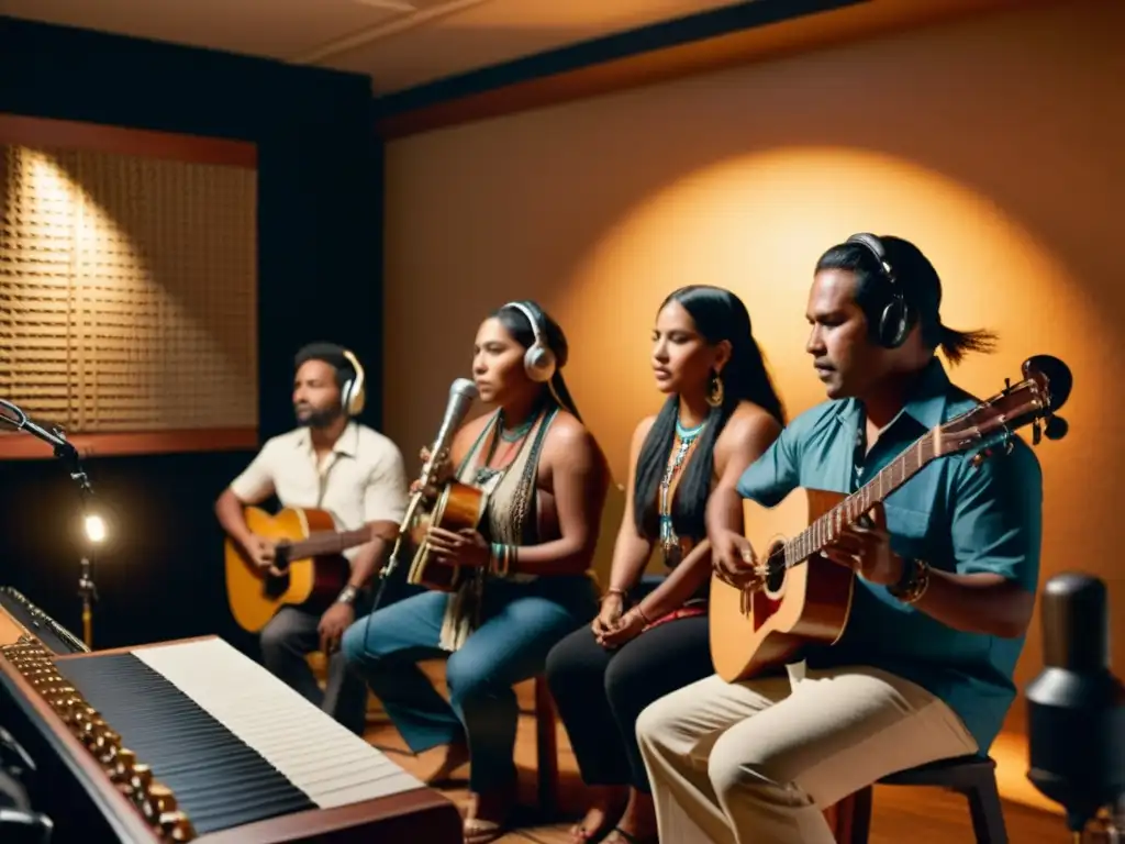 Un grupo de músicos indígenas tocando instrumentos tradicionales en un estudio de grabación con una atmósfera íntima y llena de orgullo cultural