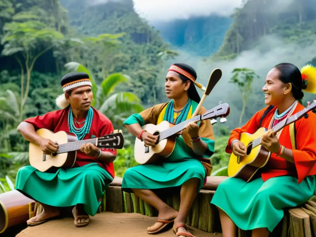 Grupo de músicos indígenas interpretando instrumentos tradicionales en la selva, fusionando música y entorno natural