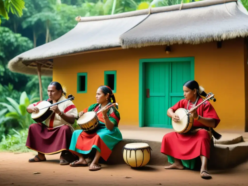 Grupo de músicos indígenas tocando instrumentos tradicionales en un entorno cultural vibrante