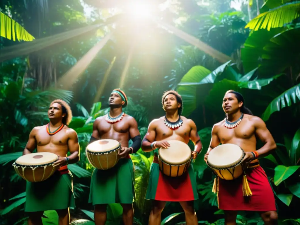 Grupo de músicos indígenas tocando instrumentos de percusión en la selva tropical