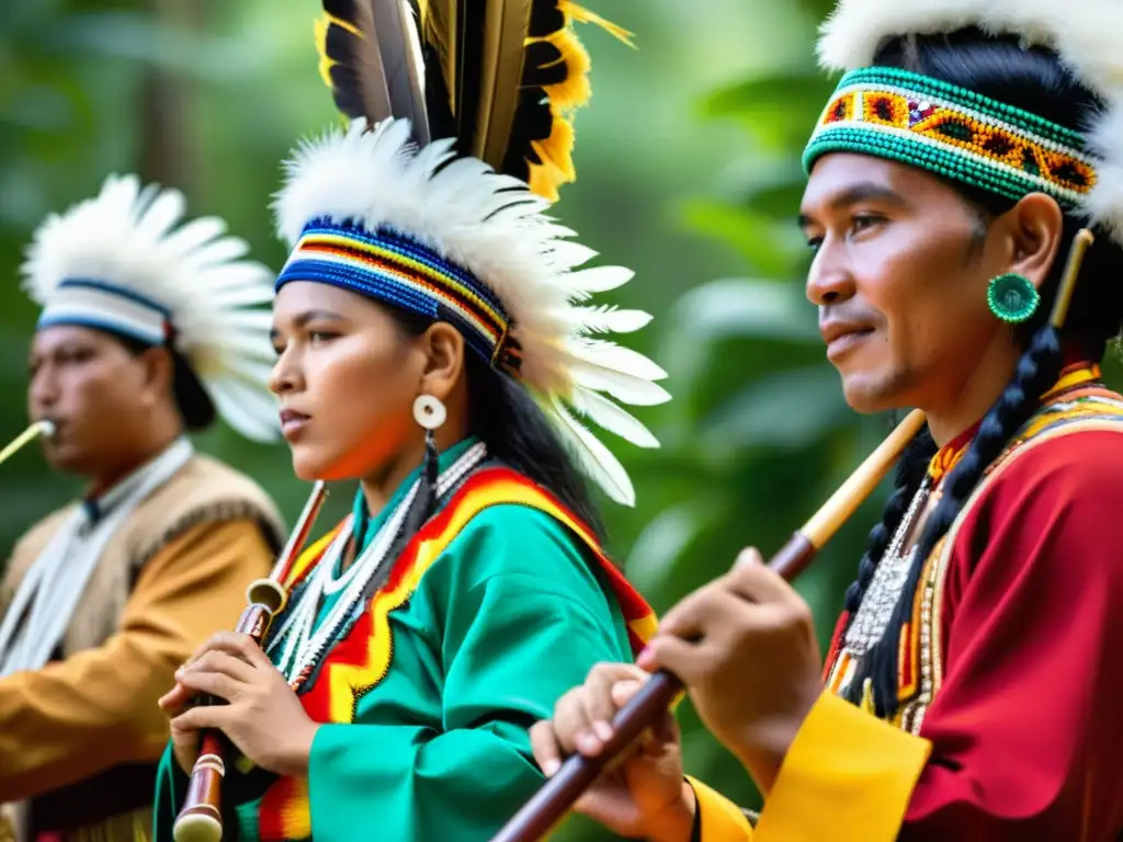 Grupo de músicos indígenas con instrumentos musicales de cascabeles en vibrante actuación en la selva