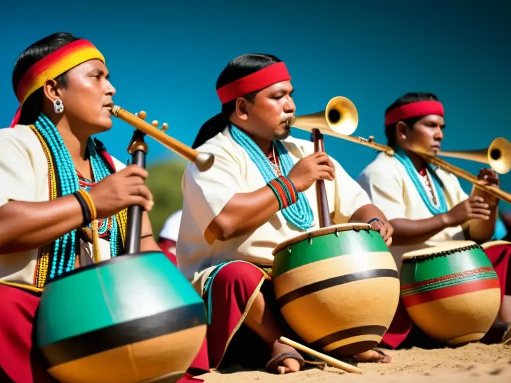 Grupo de músicos indígenas tocando instrumentos tradicionales, destacando la importancia cultural de los instrumentos indígenas en una ceremonia