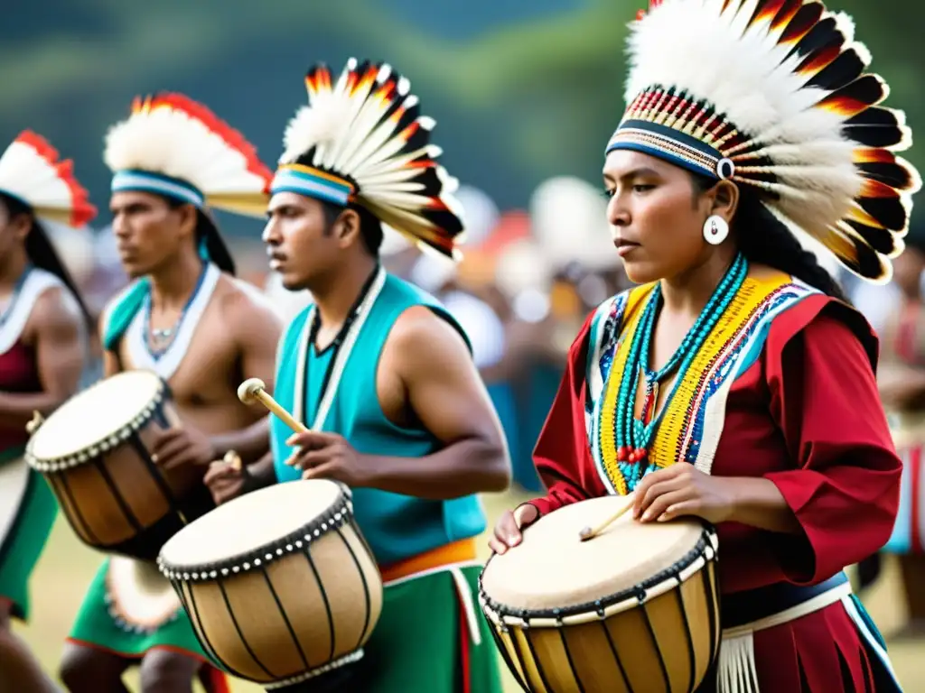 Grupo de músicos indígenas tocan instrumentos tradicionales en festival cultural de la UNESCO, protegiendo la herencia musical