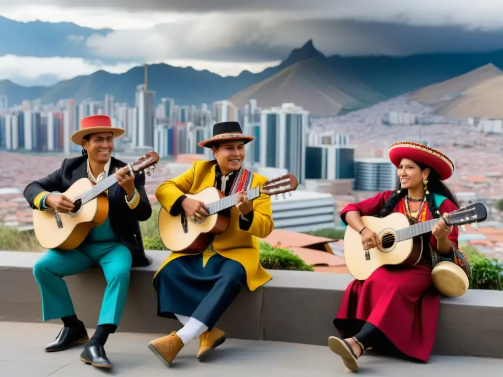 Grupo de músicos indígenas tocando instrumentos andinos frente al horizonte urbano en una vibrante Revolución Andina Era Digital