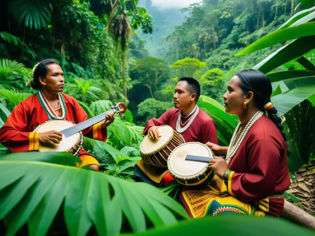 Grupo de músicos indígenas con instrumentos musicales tradicionales, inmersos en la exuberante jungla, reflejando un vínculo ecológico profundo