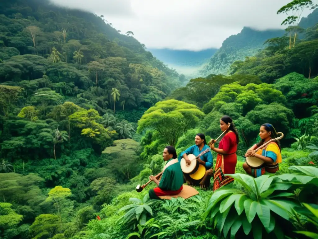 Grupo de músicos indígenas tocando instrumentos musicales tradicionales en un exuberante bosque, mostrando el vínculo ecológico con la música