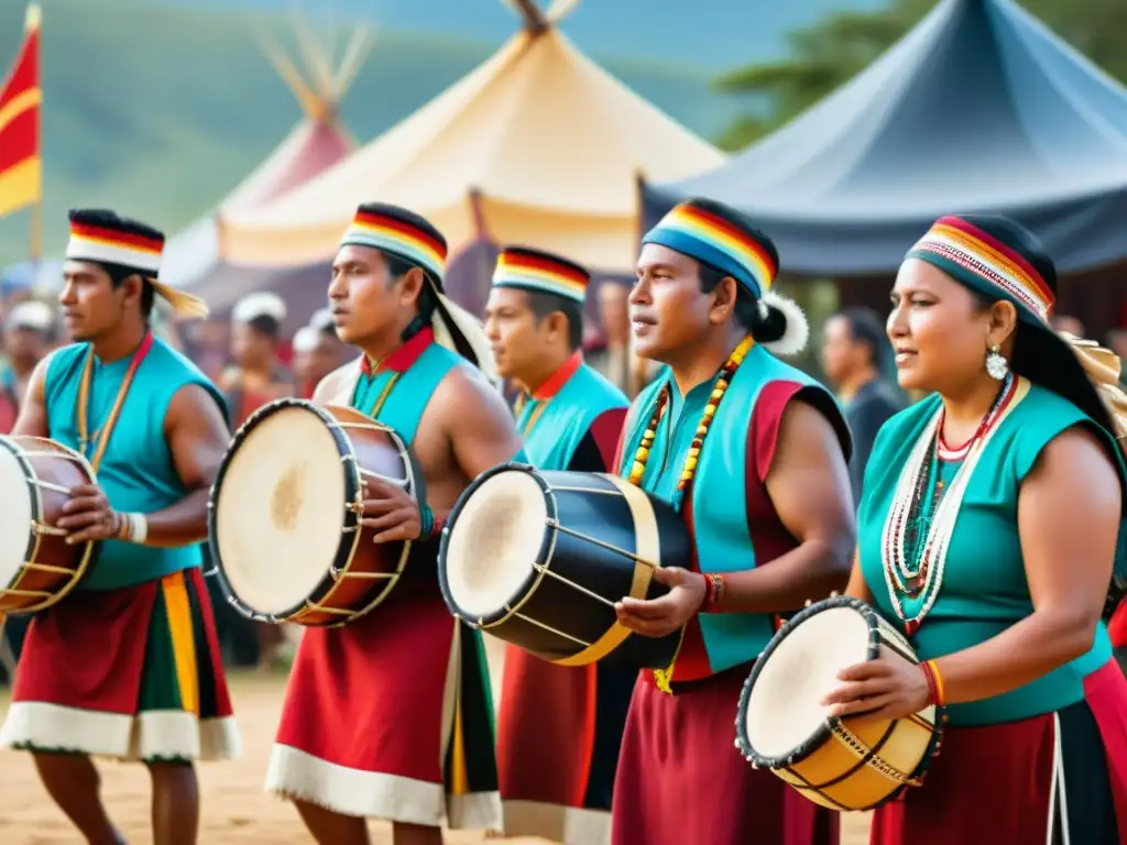 Grupo de músicos indígenas tocando instrumentos tradicionales en un festival cultural