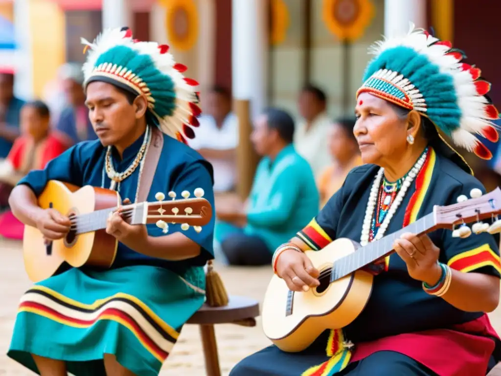 Grupo de músicos indígenas tocando instrumentos tradicionales en un mercado vibrante, reflejando la importancia cultural de los instrumentos indígenas