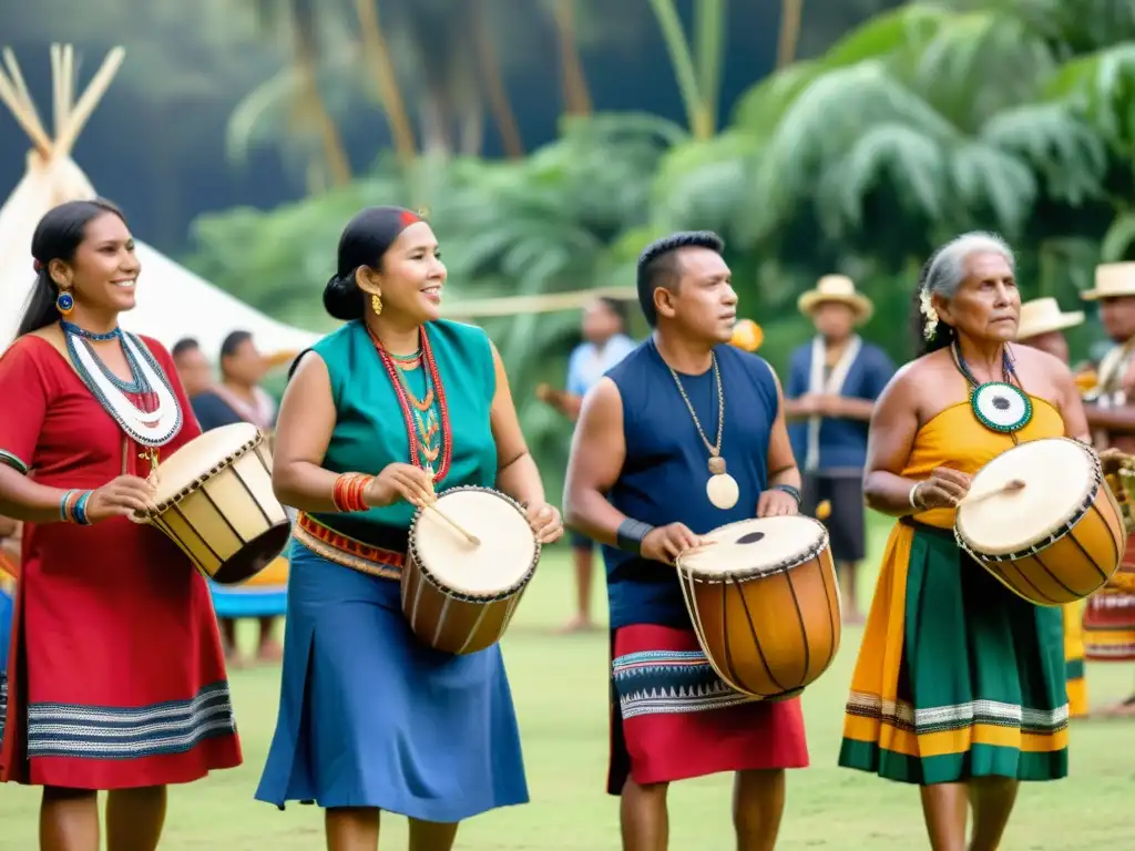 Grupo de músicos indígenas tocando instrumentos tradicionales en un festival cultural, rodeados de una multitud diversa