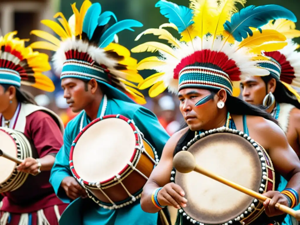 Grupo de músicos indígenas tocando instrumentos musicales en rituales ancestrales con energía y significado cultural vibrante