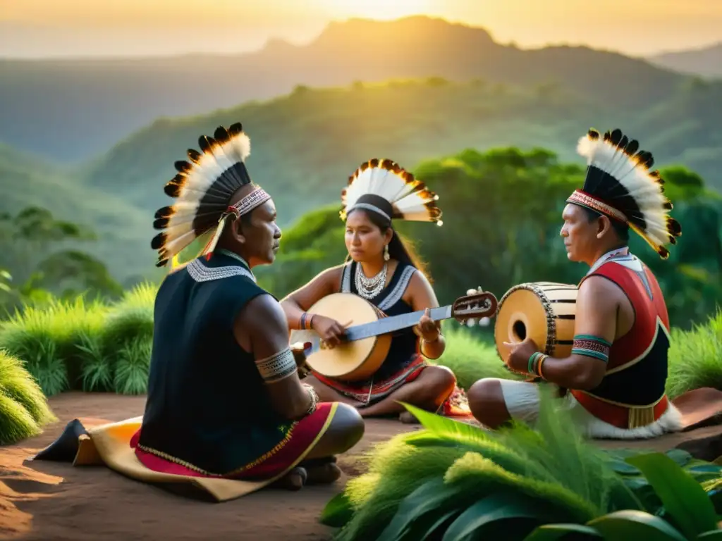 Grupo de músicos indígenas tocando instrumentos musicales en rituales ancestrales entre la exuberante vegetación al atardecer