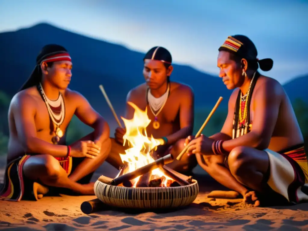 Un grupo de músicos indígenas tocan instrumentos musicales ancestrales contemporáneos alrededor de una fogata, iluminados por su cálida luz