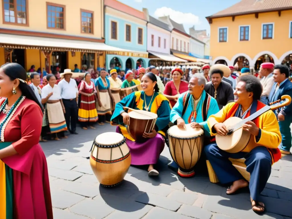 Grupo de músicos indígenas tocando instrumentos musicales nativos en un mercado vibrante, capturando la esencia cultural en un escenario contemporáneo