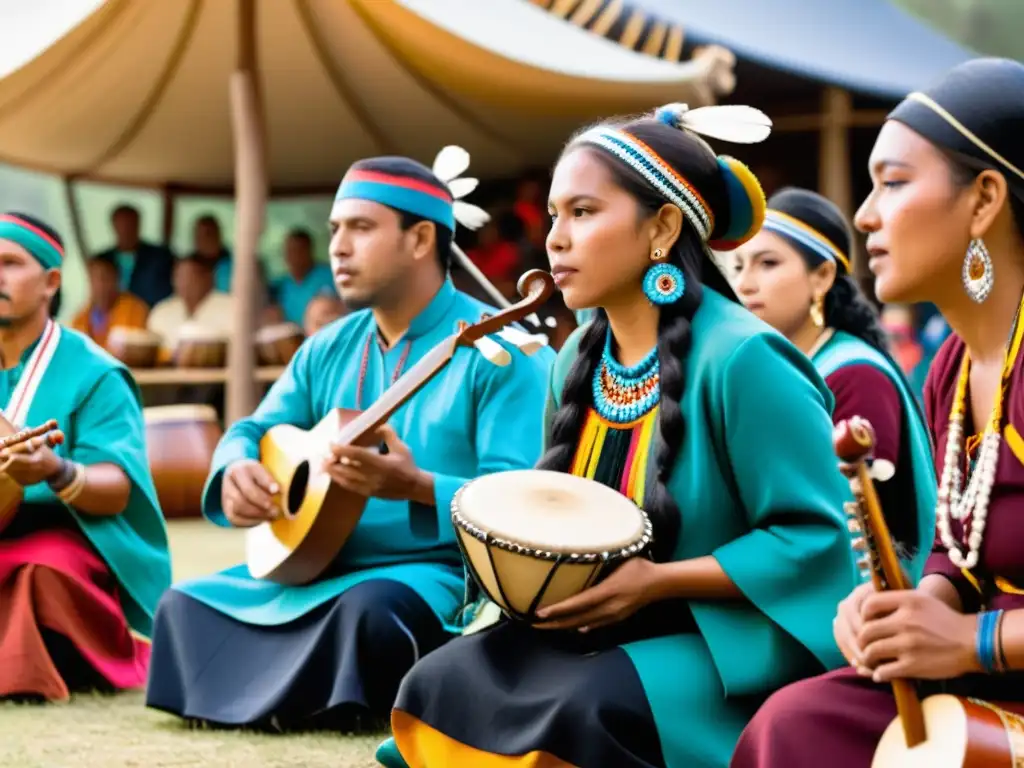 Grupo de músicos indígenas tocando instrumentos antiguos en celebración cultural