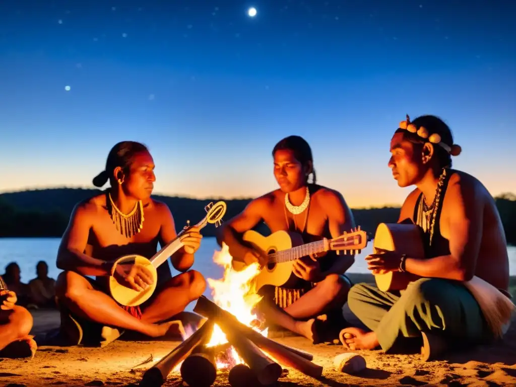 Grupo de músicos indígenas preservando música y tradiciones con instrumentos artesanales alrededor de la hoguera