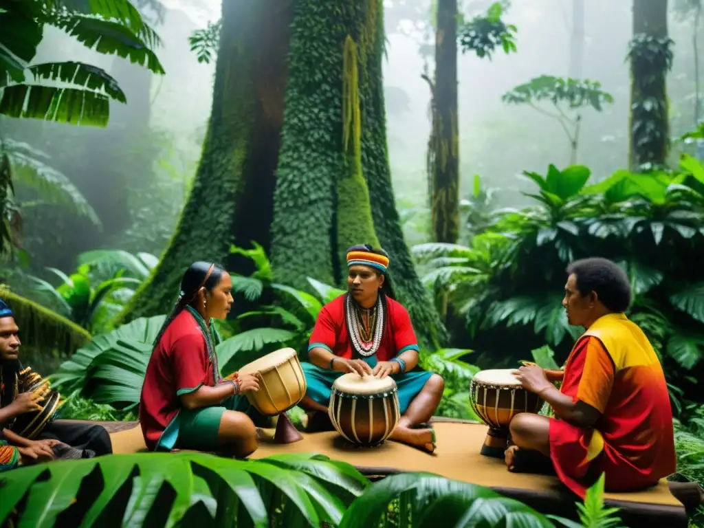 Ritmo ancestral: músicos indígenas en la selva Grupo de músicos indígenas tocando percusión en la exuberante selva