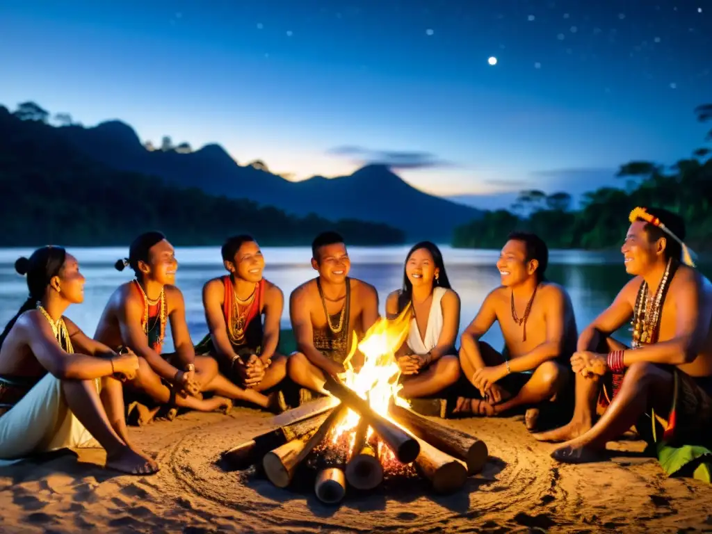 Grupo de músicos indígenas en trajes tradicionales junto a fogata en el Festival Rainforest World Music Malasia, bajo el cielo estrellado de Borneo