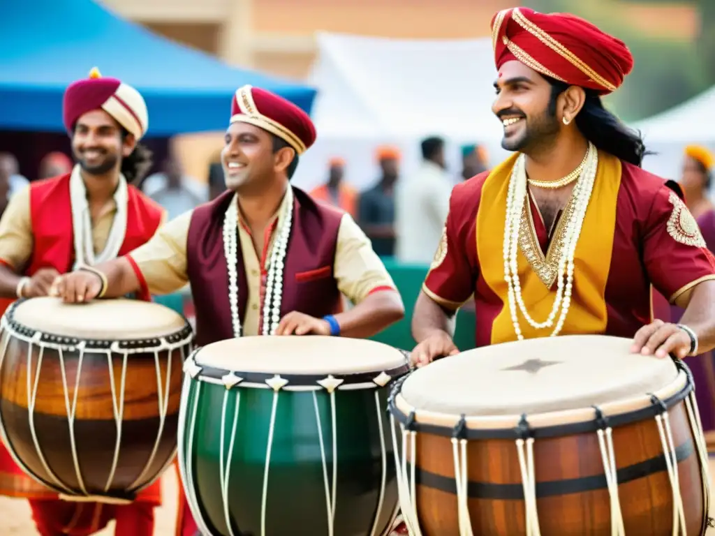 Un grupo de músicos toca dhol indio en una celebración cultural vibrante y colorida