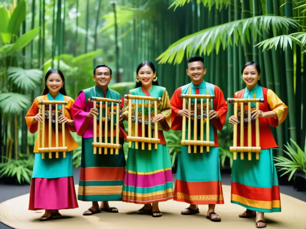 Grupo de músicos indonesios tocando angklung, rodeados de exuberante vegetación, evocando la rica tradición musical del angklung indonesio