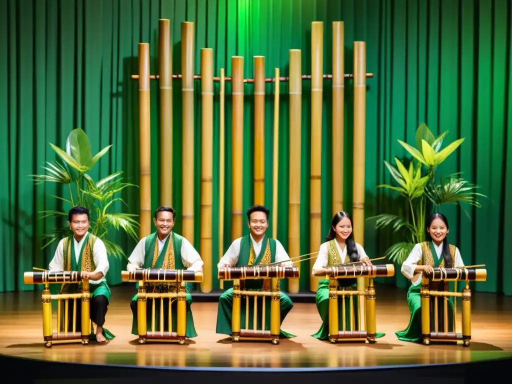 Grupo de músicos indonesios con trajes tradicionales tocando angklung en un escenario rodeado de exuberante vegetación