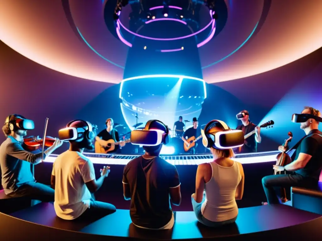 Grupo de músicos inmersos en un concierto virtual, fusionando lo digital y lo físico en la producción musical en realidad virtual