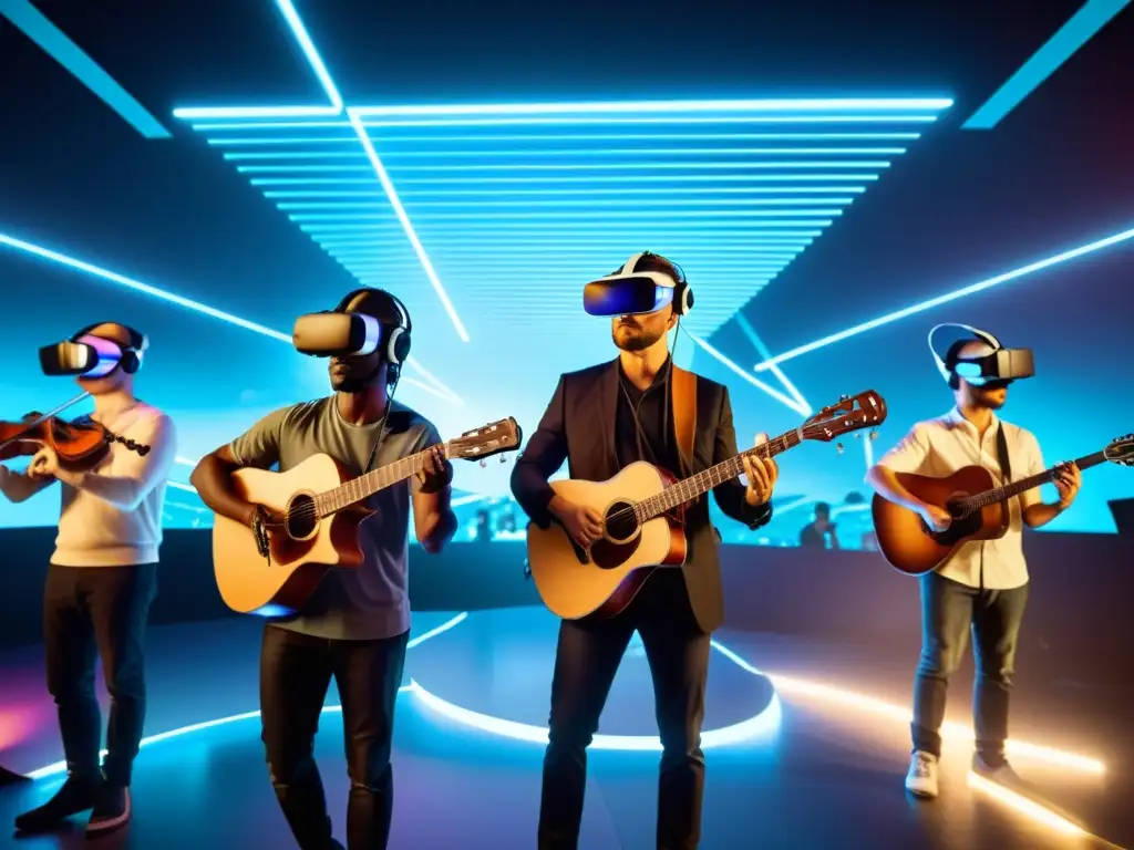 Grupo de músicos inmersos en entornos musicales tridimensionales realidad virtual, interactuando en un concierto futurista con notas y ondas de sonido