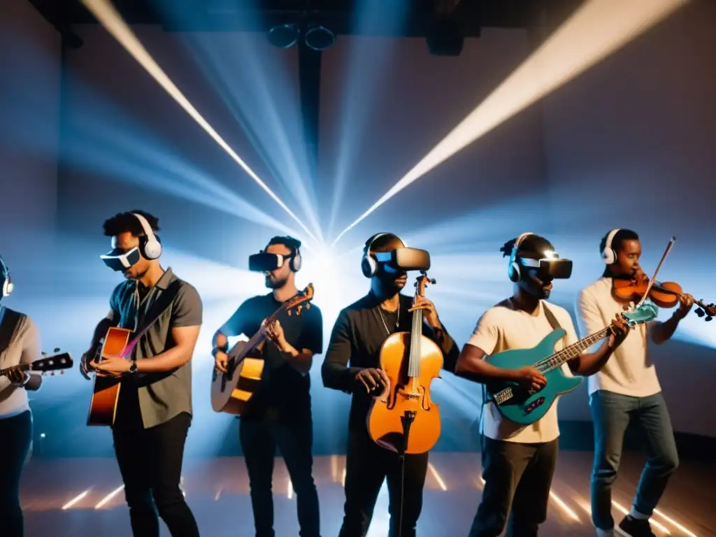 Músicos inmersos en realidad aumentada Un grupo de músicos diversos inmersos en paisajes virtuales mientras practican con realidad aumentada