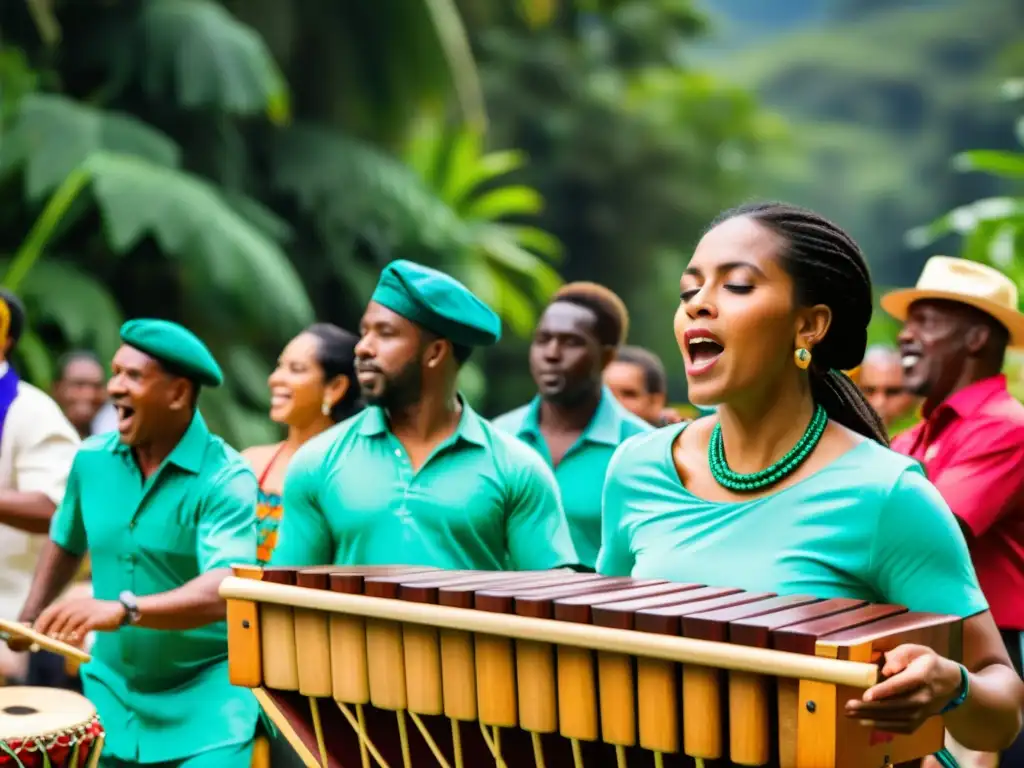 Grupo de músicos con instrumentos afrocolombianos en el Festival Petronio Álvarez, irradiando energía y cultura del Pacífico