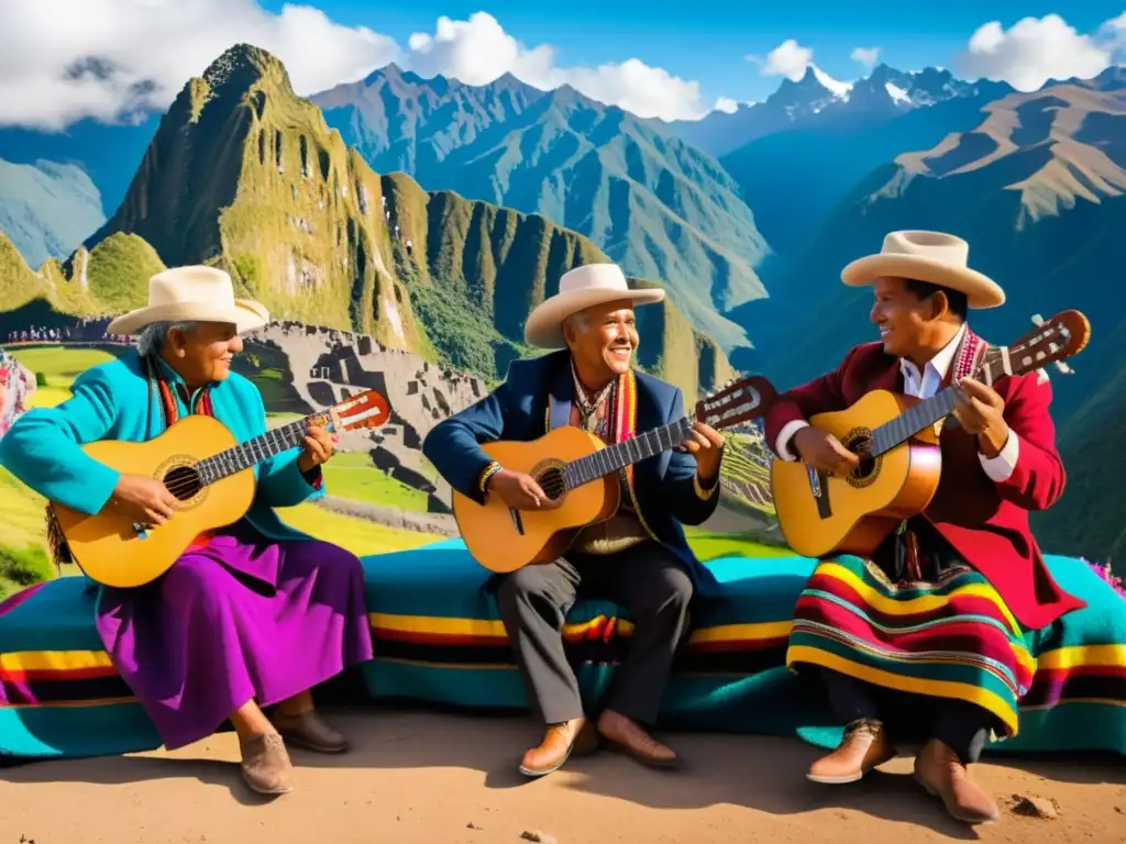 Grupo de músicos tocando instrumentos andinos en un festival, rodeados de coloridos textiles y la imponente cordillera de los Andes