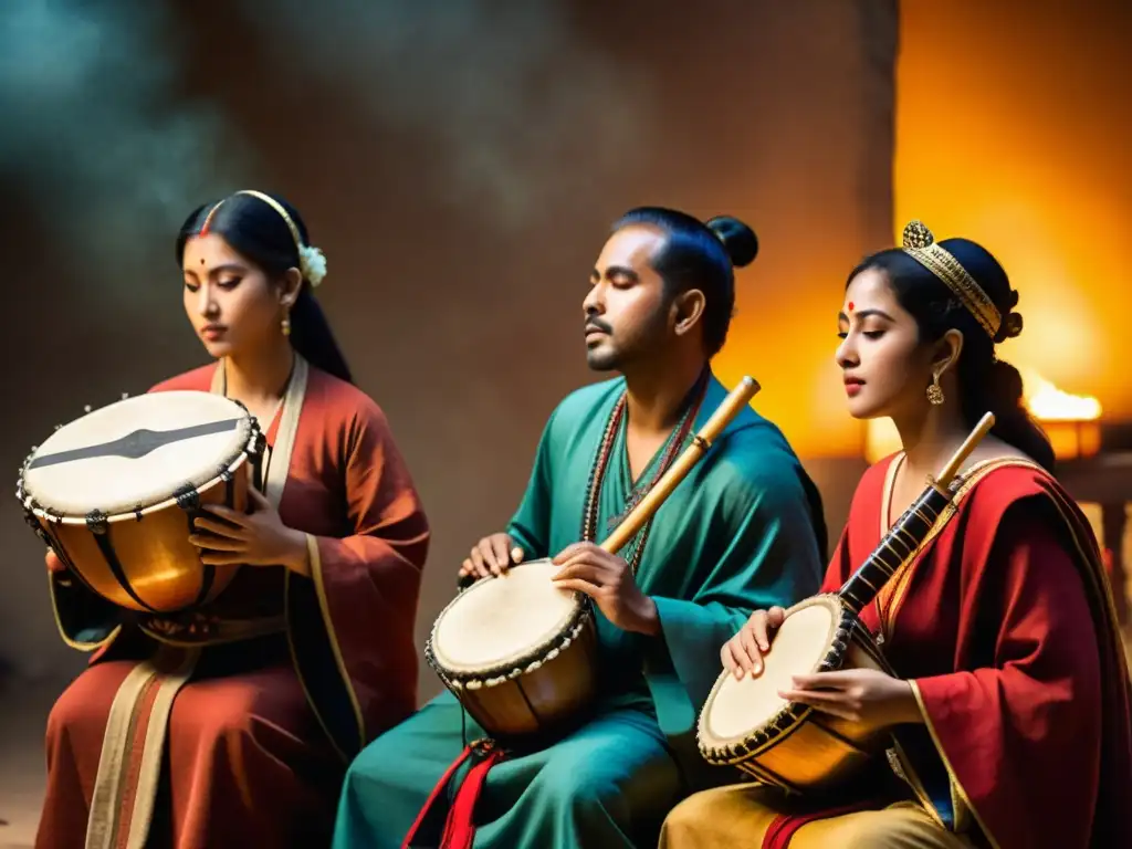 Un grupo de músicos tocando instrumentos antiguos con autenticidad en la música antigua, envueltos en una atmósfera cálida y apasionada