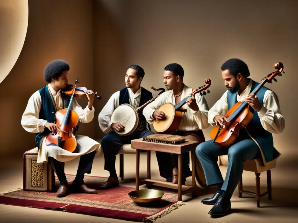 Grupo de músicos tocando instrumentos antiguos con autenticidad en la música antigua, destacando la atmósfera cálida y natural