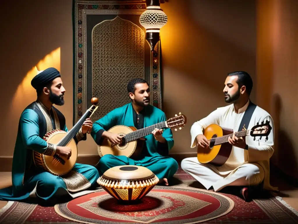 Un grupo de músicos toca instrumentos árabes en una habitación ornada, creando una atmósfera cultural e inmersiva