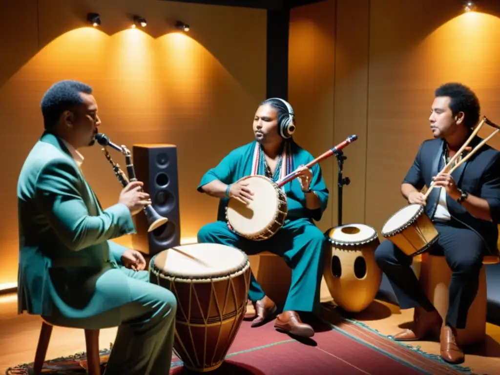 Grupo de músicos tocando instrumentos autóctonos en estudio moderno, fusionando lo tradicional con lo moderno