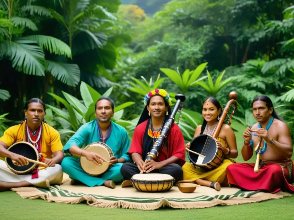 Un grupo de músicos indígenas toca instrumentos autóctonos en un entorno vibrante