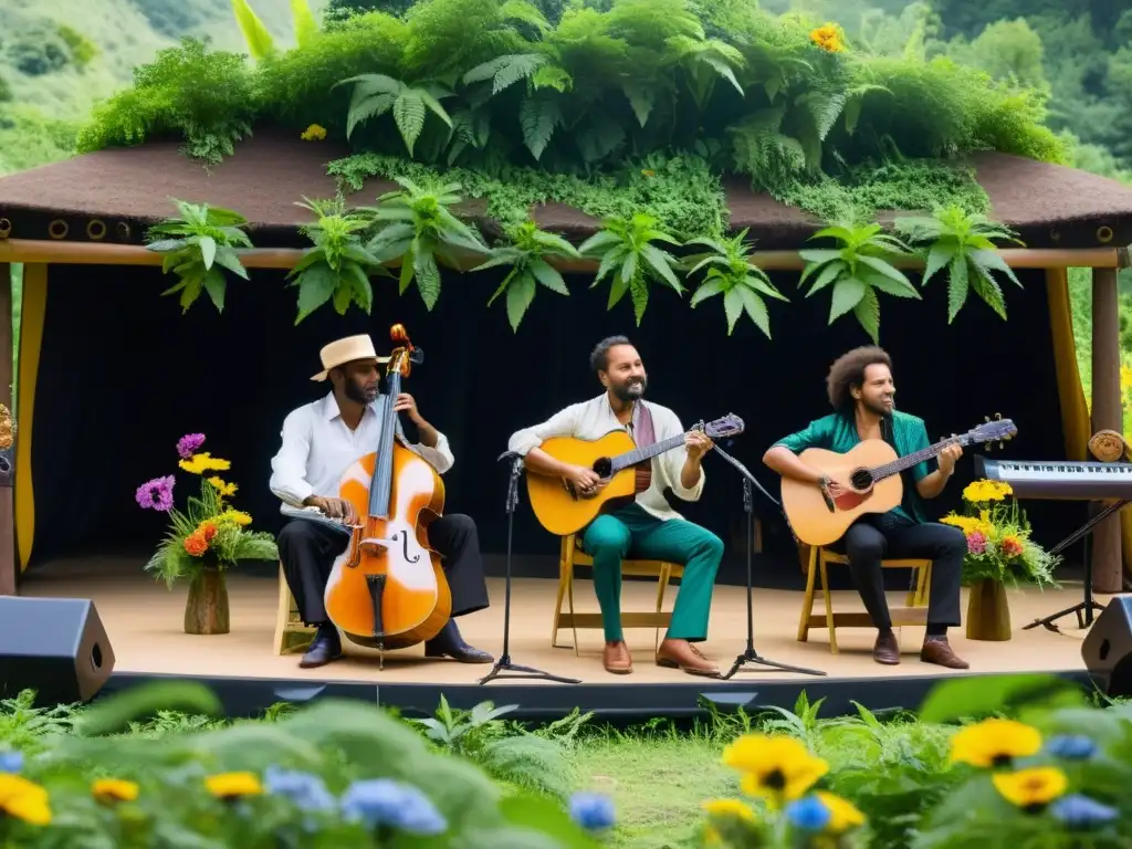 Grupo de músicos tocando instrumentos ecológicos en la música folclórica, rodeados de naturaleza exuberante y flores silvestres