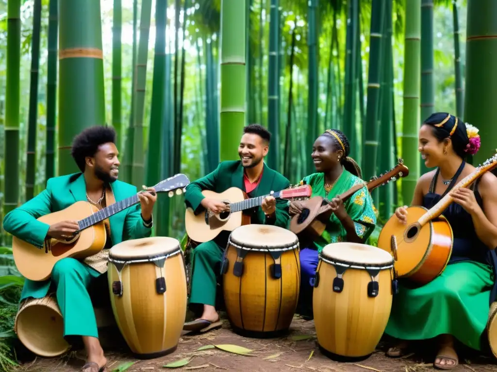 Un grupo de músicos toca instrumentos ecológicos en la música folclórica en un bosque exuberante, en armonía con la naturaleza