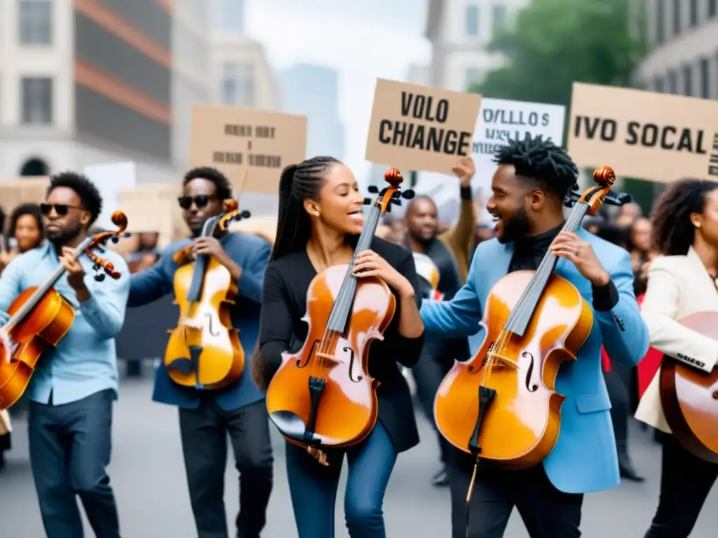 Grupo de músicos con instrumentos emblemáticos movimientos sociales tocando en protesta, rodeados de gente con pancartas