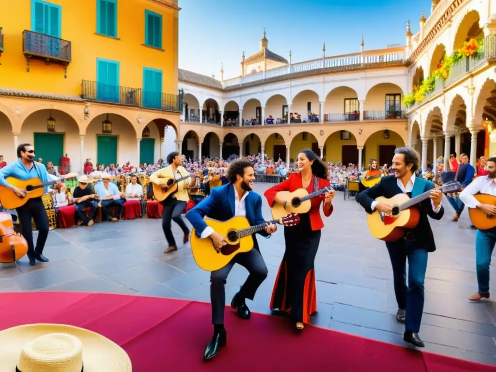 Grupo de músicos tocando instrumentos españoles tradicionales en una animada plaza de Sevilla, capturando la influencia de la música española en América Latina