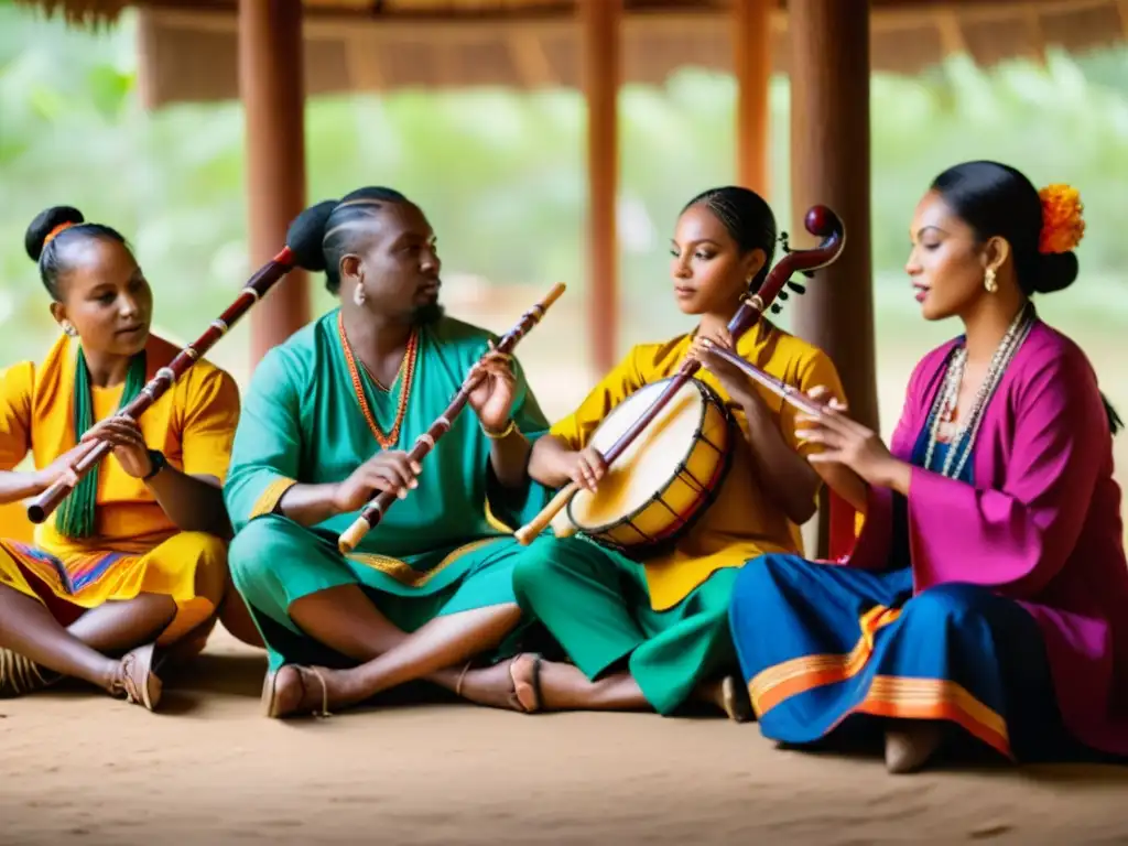 Un grupo de músicos diversos tocando instrumentos étnicos con pasión en un entorno rústico al aire libre