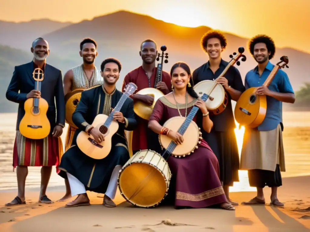 Un grupo de músicos diversos toca instrumentos étnicos bajo la cálida luz del atardecer, mostrando orgullo cultural y pasión por la música