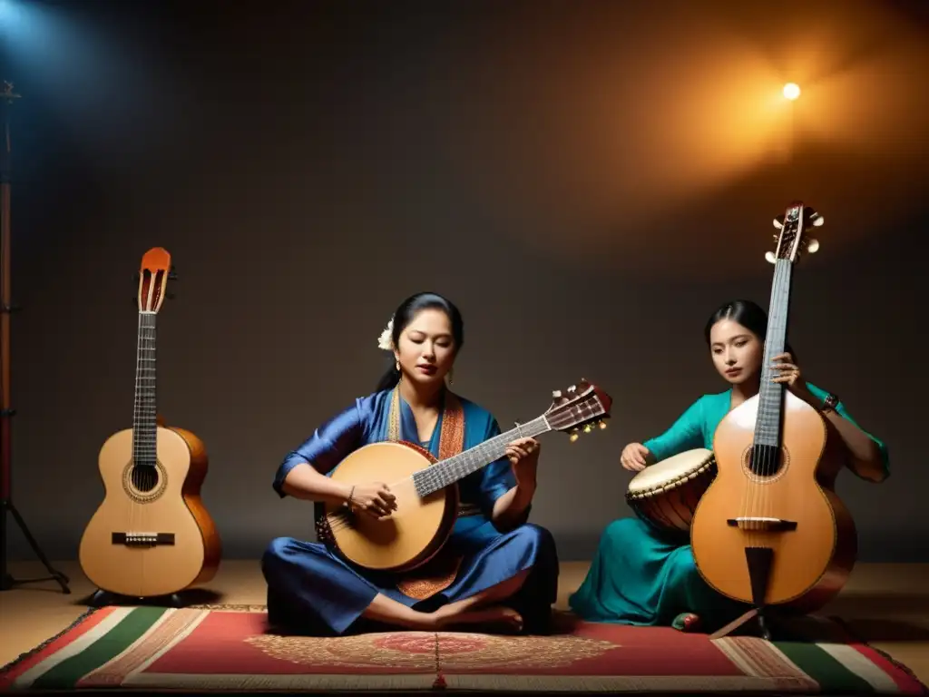 Un grupo de músicos diversos toca instrumentos étnicos tradicionales en un estudio con iluminación tenue, destacando cada detalle