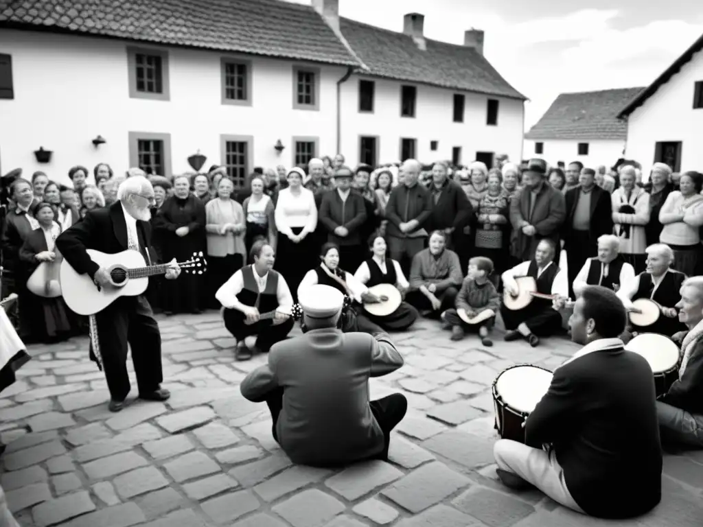 Grupo de músicos tocando instrumentos folclóricos en una plaza de pueblo, rodeados de una comunidad diversa