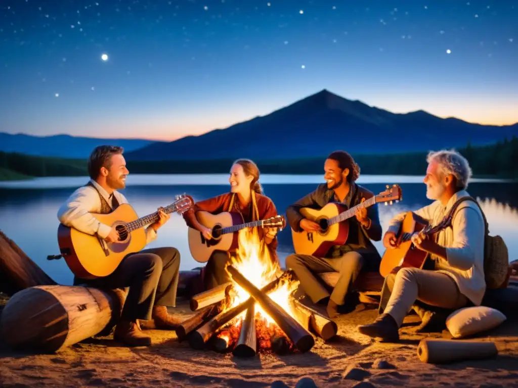 Un grupo de músicos toca instrumentos folclóricos alrededor de una fogata bajo un cielo estrellado, creando una narrativa social a través de la música